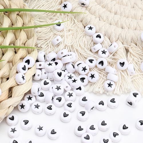 100Pcs Letter Beads 4x7mm White Round Acrylic Alphabet Beads Letter Heart & Star Beads for Jewelry Making DIY Bracelets Necklaces Key Chains - color: Heart & Star 100Pcs