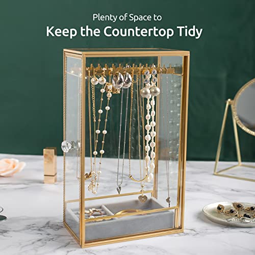 Glass Necklace Organizer Holder, Jewelry Organizer Necklace Holder with Hanging Hooks, Glass Necklaces Display Case for Storage Rings Earrings - style: Necklace Organizer