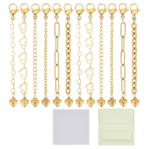 CRAFTYMELODY 12Pcs 18K Gold Necklace Extenders 6 Style Necklace Bracelet Extension Chains Neacklaces Extender Chain with Heart Charms Jewelry Findings for Jewelry Making