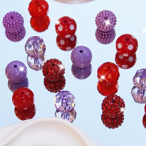 48 Pcs 20mm Beads for Pens Rhinestone Bubblegum Beads Mixed Crystal Acrylic Round Chunky Bead Sparkly Craft Large Balls Bead for Pen Beadable Keychain Bracelet Necklace DIY Jewelry Making Supplies - color: Red series