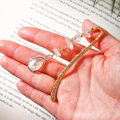 Vintage Metal Bookmark Pendant with Opal Drop Shell&White Quartz Crystal Stones Bead Chain–Elegant Opal Bookmarks for Women,Men,Book Lovers,Teachers and Girls(Gold) - style: Gold