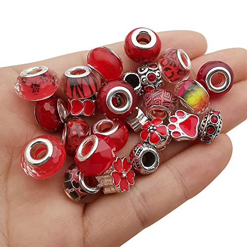 50pcs Assorted Red Resin Imitation Glass European Large Hole Beads Rhinestone Metal Spacer Charms Bead Assortments for DIY Crafts Bracelets Necklaces Jewelry Making (M573-Red) - color: Red