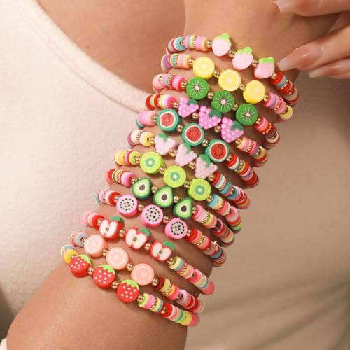 Friendship Bracelets Boho Stackable Bracelets for Women Surfer Heishi Clay Bead Bracelets Stretch Preppy Bracelets Colorful Boho Bracelets for Women - color: 12PCS FRUIT