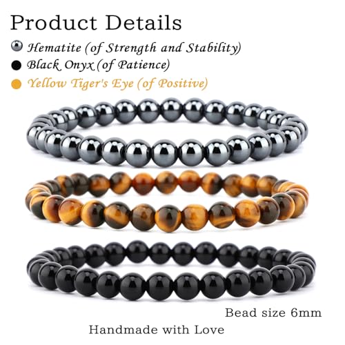NCB 2.3-Piece 4mm Natural Crystal Gemstone Stretch Bracelets – Handmade Reiki Energy Healing Jewelry for Meditation,Yoga, Unisex - color: 3PCS ( Black Onyx+Hematite+Yellow Tiger's Eye ), size: 6mm
