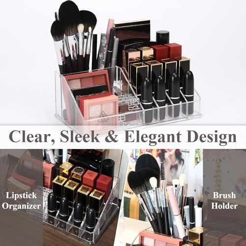 Sea Team 16-Slot Acrylic Plastic Lipstick Organizer, Clear Lipstick Holder, Makeup Storage Box, Cosmetic Display Case for Lippie, Lip Gloss, Eye Liner, Eyebrow Pencil, Nail Polish, Essence, Brush - size: 16 Lipstick Slots