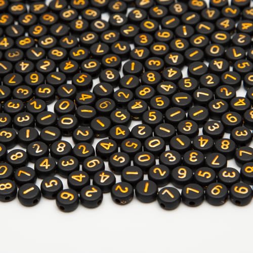1000Pcs Acrylic Number Beads Round Number Round Beads 4x7mm Mixed Number Beads, for Jewelry Bracelets Necklaces Key Chains Making (Black Gold) - color: Black Gold