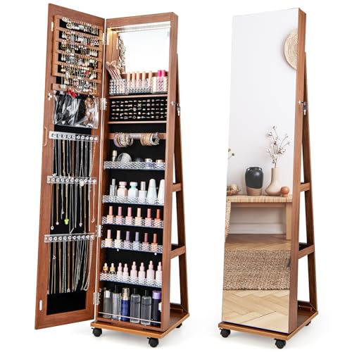 CHARMAID Jewelry Cabinet Armoire with Wheels, 64" H Full Length Mirror, 3-Color LED Lights, Height Adjustable Shelves, Lockable Standing Jewelry Organizer with Back Storage Shelves (Walnut) - color: Walnut, size: 64"H