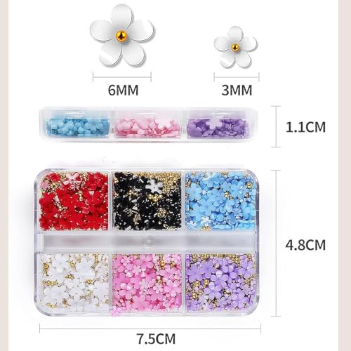 3D Colorful Flower Nail Charms,Flowers Acrylic Nail Charms with Metal Golden Round Beads for Nails Art DIY Accessories