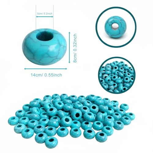 Turquoise Large Hole Beads for Jewelry Making-100pcs 14mm European Rondelle Spacer Beads,Big Hole Craft for Bracelets - color: Turquoise