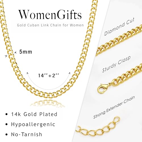 WomenGifts Cuban Link Chain Necklace for Women, Waterproof 14k Gold Silver Plated Chain Choker, Non Tarnish Stainless Steel Jewelry, 3.5/5/6/8/11mm,14/16/18 Inch Thin&Chunky&Thick - color: Gold, style: 5MM-14"