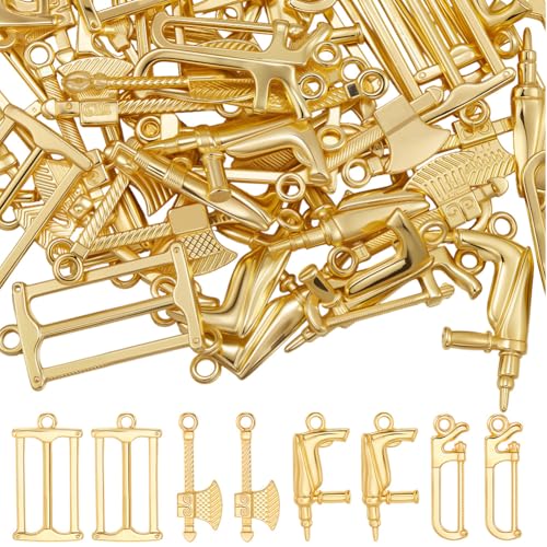 Beebeecraft 60Pcs 4 Style Mini Tool Charms 18K Gold Plated Alloy Axe Saw Construction Home Tool Charm for Jewelry Making DIY Crafts Bracelet Necklace Supplies - color: 60Pcs #2