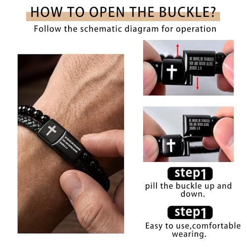 Mens Bracelet Fathers Gifts Day Black Braided Leather Stainless Steel Cross Jewelry Charming Bracelet Embedded with Black Agate Beads,Perfect for Wedding, Parties, and Everyday,Bible Verse Christian Religious Gift(7.5/8.5/9 Inch) - color: D+black+8.5