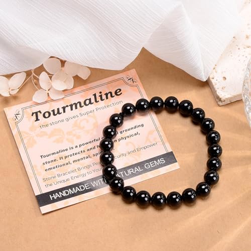 MASSIVE BEADS Handmade Yoga Stretch Elastic Bracelet Natural Stone Crystal Healing Power Energy Gifts for Unisex Adult 4mm 6mm 8mm 10mm - color: Black Tourmaline(Super Protection), size: 8mm