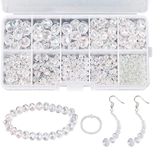 AIEX 900+ Pieces Crystal Beads Kit, Rondelle Faceted Glass Beads AB Crystal Beads Assorted Supplies for Jewelry Making Findings with Plastic Storage Box (2-10mm, Clear)
