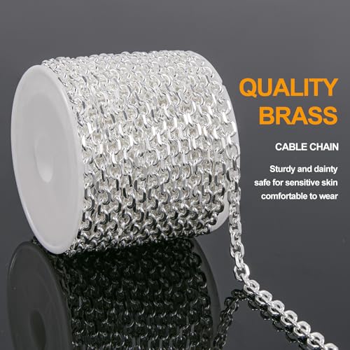 KYUNHOO 16.4 Feet Silver Jewelry Making Chains Bulk on Spool Oval Cable Chain Links for Women Men DIY Crafts with Jump Rings Lobster Clasps Supplies - color: Cable Silver