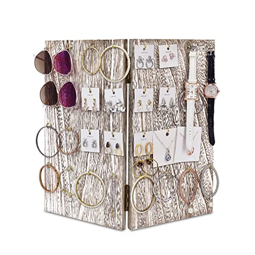 MOOCA Wooden Space Saving Foldable and Portable Jewelry Display Stand with 32 Hooks for Earring Card & KeyChain, Earring Holder, Bracelet Holder, Corner Display, Antique White Color - color: Antique White