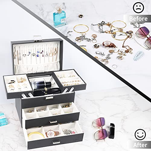 Dajasan Jewelry Organizer Box, Large Jewelry Boxes for Women Girls, Space-Saving 4 Layers Jewelry Storage Case with Drawer, Movable Metal Stand, Modern, Gift Idea (Black + Silver) - color: Black + Silver