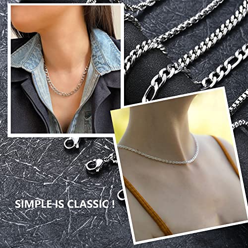 6 Pcs Silver Chains, Stainless Steel Cuban Link/Rope/Box/Figaro/Square Rolo/Wheat Chain Necklace Jewelry Set for Men Women - color: 18 inches