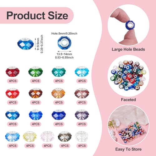68 pcs 14mm Glass European Beads Large Hole Glass Beads Colorful Faceted Rondelle Loose Spacer Beads for DIY Craft Bracelet Necklace Earring Hole: 5mm - color: Blue Colorful