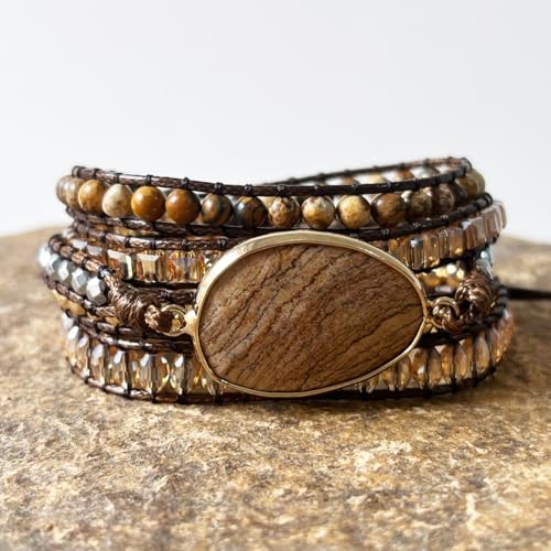 YGLINE Women Boho Handmade Natural Stone Crystal Leather Bead Wrap Bracelets Collection - color: Picture Jasper-5w