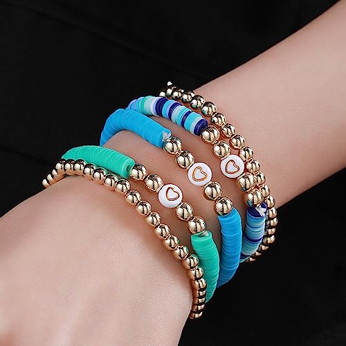 COLORFUL BLING 5-12Pcs Bohemian Love Heart Bead Bracelets for Women Vinyl Disc Heishi Surfer Stackable Stretch Bracelet Summer Beach Boho Jewelry - color: 5pcs blue