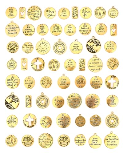 YETOOME 60 Pcs Antique Gold Inspiration Words Charms Engraved Motivational Charms Pendants for Jewelry Making Crafting Findings Accessory