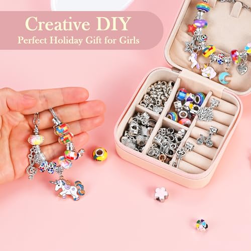 Charm Bracelet Making Kit for Girls Ages 3-12 | 165 Pcs Jewelry Making Kit Supplies for Adults | DIY Jewelry Crafts with Nice Box | Unicorn Mermaid Themed Gift for Kids Birthday Christmas Party
