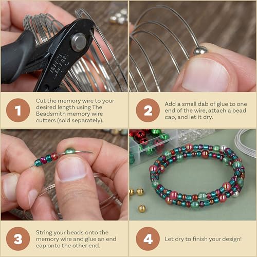 The Beadsmith Memory Wire & End Caps Set - Silver-Plated, 1 mm Thick, 2.25 in (60 mm) Diameter, 12 Bracelet Coils with 8 End Caps, Heavy-Gauge, Bracelet Making Kit, for Jewelry Making - color: Silver