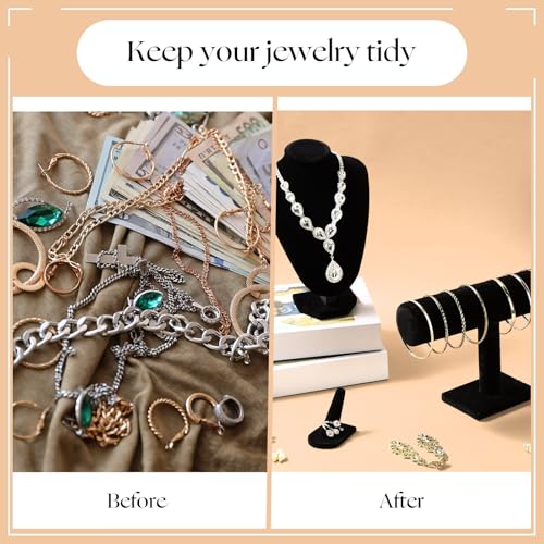 Wenqik 4 Pcs Velvet Jewelry Display Set Velvet Necklace Bust Holder Bracelet Organizer 2 Ring Finger Jewelry Holder - color: Black