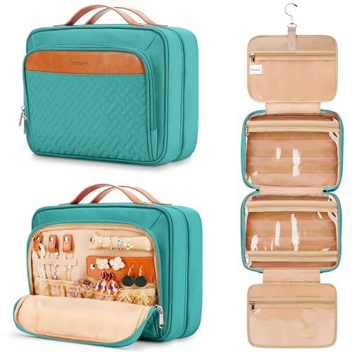 Travel Hanging Toiletry Bag for Women, with Jewelry Organizer Compartment, Medium Waterproof Hanging Makeup Accessories, Cosmetic Essentials, Toiletries Dopp Kit Set with Trolley Belt, Blue - color: Blue, size: Medium