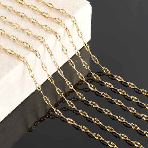 KYUNHOO 5 Meters Gold Plated Chains for Jewelry Making Sunflower Texture Chain Links Gold Stainless Steel Jewelry Chain 8MM Long Lip Chain for Jewelry Craft DIY with Jump Rings Lobster Clasps - color: Cross Oval Gold