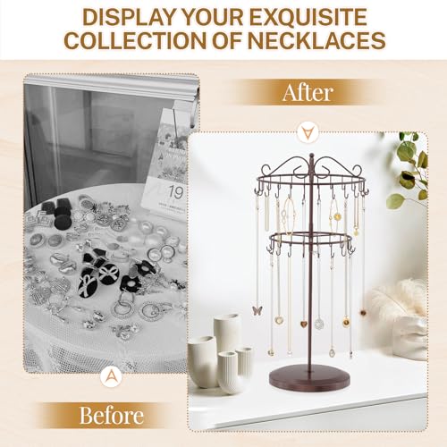 iDavosic.ly 2 Tier Rotating Necklace Holder Organizer with 42 Hooks, Adjustable Metal Bracelet Display Stand Rack, Extra Tall Keychain Spinning Tree Tower for Women, Espresso Brown - color: Satin Espresso