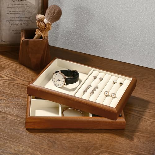 2 In 1 Solid Wood Jewelry Tray Microfiber Ring Earring Bracelet Bangle Watch Necklace Stackable Drawer Organizer for Storage Display (Cream White) - style: 2 Grid