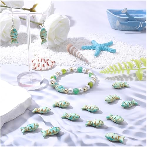 SUNNYCLUE 1 Box 50Pcs Fish Shaped Beads Turquoise Fish Beads Bulk Animal Synthetic Turquoise Dyed Stone Painted Sea Ocean Gemstone Loose Spacers for Jewelry Making DIY Earring Bracelet Necklace Craft
