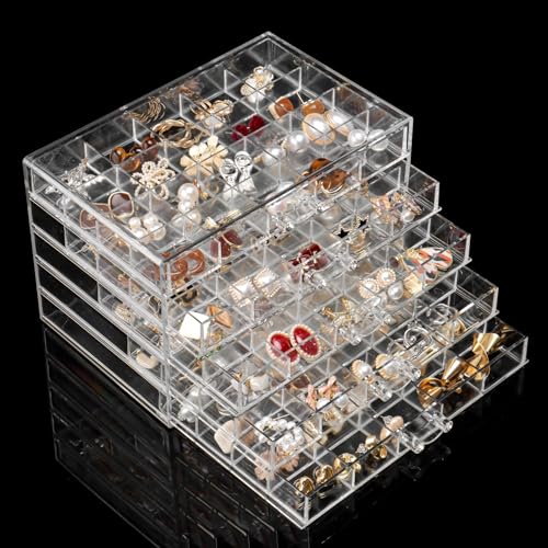 YUFONG Earring Holder Organizer Acrylic Earring Storage Box for Girls Women Jewelry Organizer Display Case with 100 Small Compartment (Clear, 5 Drawers)