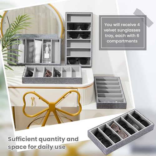 Juexica 4 Pcs Velvet Sunglasses Organizer Tray 6 Grid Sunglass Organizer Velvet Tray Stackable Glasses Display Case for Women Glasses Jewelry Display Watch (Gray) - color: Gray