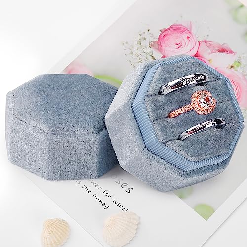 Velvet Ring Box 3 Slots, Premium Jewelry Ring Storage Gift Box Vintage Ring Display Holder Case for wedding ceremony Proposal Engagement (Blue) - color: Blue