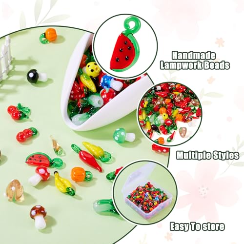 Pandahall 200pcs Fruit Vegetable Handmade Lampwork Beads Glass Mixed Style Loose Spacer Beads Charms for Bracelet Necklace Jewelry Making