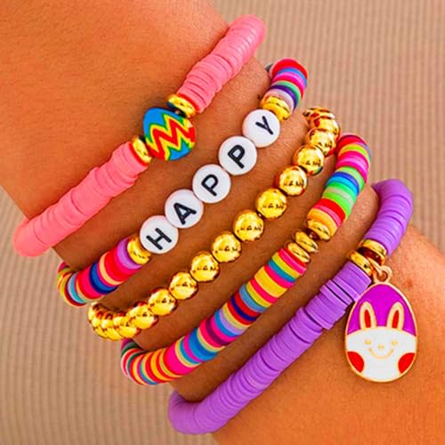 JEWEKY Easter Heishi Bracelets Gold Beaded Polymer Clay Bunny Pendant Bracelet Jewelry Accessories - color: A-Easter