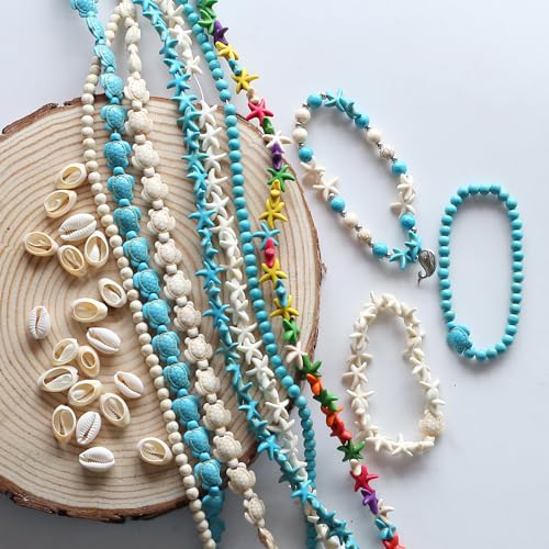 307Pcs Turquoise Sea Turtle Beads Blue and White Starfish Beads Tortoise Turtle Charms Summer Ocean Animal Spacer Bead for Jewelry Making DIY Bracelet Necklace(7 Strings) - color: Colorful
