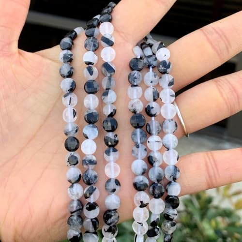 Adabele 15 Inch Natural Black Rutilated Quartz Gemstone 6mm Faceted Flat Round Coin Loose Beads Gem Stone Spacer (59-64pcs) for Jewelry Making GZ13-5 - color: Black Rutilated Quartz, size: 15 Inch/1 Strand