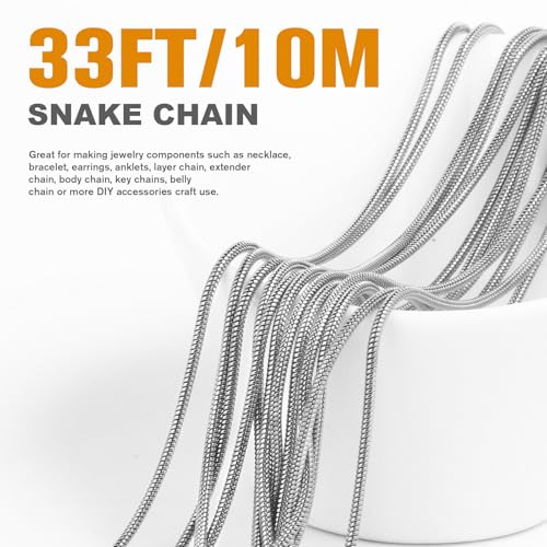 33 Feet Stainless Steel Snake Chains Roll, 2.0mm 304 Stainless Steel Round Snake Chain Bulk Spool for Jewelry Making DIY Craft - color: 2mm Stainless Steel Round Snake Chains