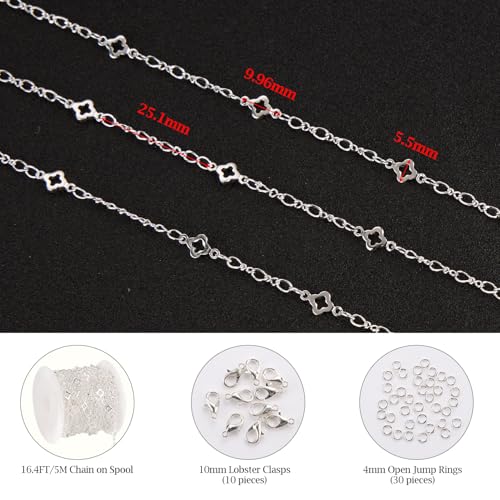 KYUNHOO 16.4 FT/5M Hollow Clover Chains for Crafts Silver Jewelry Making Chain Roll on Bulk with Clasps for Women DIY Supply Jewelry Findings - color: Clover Silver
