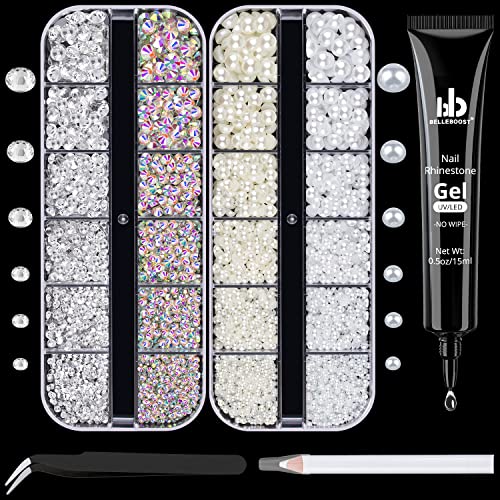 BELLEBOOST Nail Art Rhinestone Glue Gel&2 Boxes Flatback Gems Kit, 1 Tube of 15ml Rhinestone Gel Glue+Round AB&Clear Gems+Flat-Back Half Round White&Beige Pearls with Pickup Tools - color: A10-AB&Clear+ White&Beige Pearls