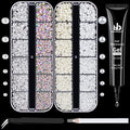 BELLEBOOST Nail Art Rhinestone Glue Gel&2 Boxes Flatback Gems Kit, 1 Tube of 15ml Rhinestone Gel Glue+Round AB&Clear Gems+Flat-Back Half Round White&Beige Pearls with Pickup Tools - color: A10-AB&Clear+ White&Beige Pearls
