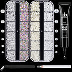 BELLEBOOST Nail Art Rhinestone Glue Gel&2 Boxes Flatback Gems Kit, 1 Tube of 15ml Rhinestone Gel Glue+Round AB&Clear Gems+Flat-Back Half Round White&Beige Pearls with Pickup Tools - color: A10-AB&Clear+ White&Beige Pearls