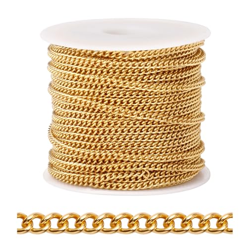 [33 FT] 18K Gold PVD Plated Curb Chains Bulk for Jewelry Making, 2mm 304 Stainless Steel Flat Twisted Links Curb Chains Roll Spool for Jewelry Making DIY Craft - color: Gold Color, size: 2.0mm width
