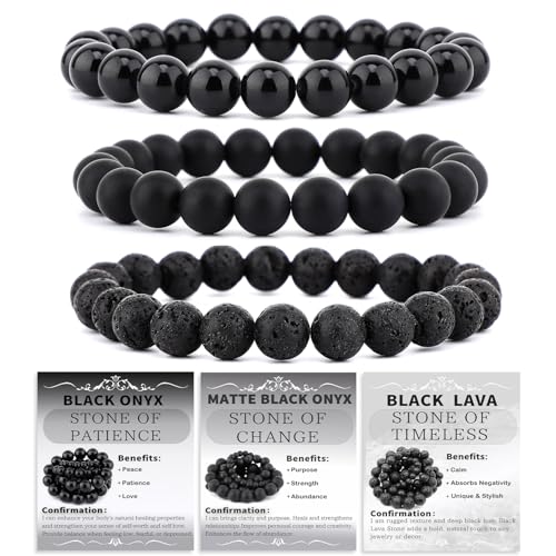 2/3-Pieces 4mm 6mm 8mm Natural Crystal Gemstone – Handmade Reiki Energy Healing Stretch Bracelets Jewelry for Yoga, Meditation, Unisex - color: 3 Pieces (BlackLava&BlackOnyx&MatteBlackAgate), size: 8mm