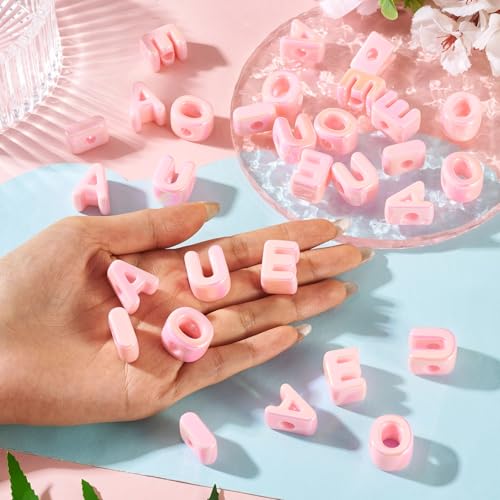 FASHEWELRY 50Pcs Vowel Letter Acrylic Beads Big Plastic Letter Blocks Charms 3D Letters Chunky Initial Alphabet Beads for Key Chains Necklace DIY Arts Craft Projects Pink - color: Misty Rose, size: Vowels