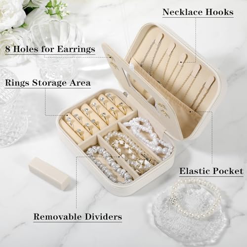 2-Pack PU Leather Travel Jewelry Organizer Cases with Mirror for Women, Portable Velvet Jewelry Box Set for Earrings, Rings, Necklace, Bracelet - Luxury Gift Set (Beige)